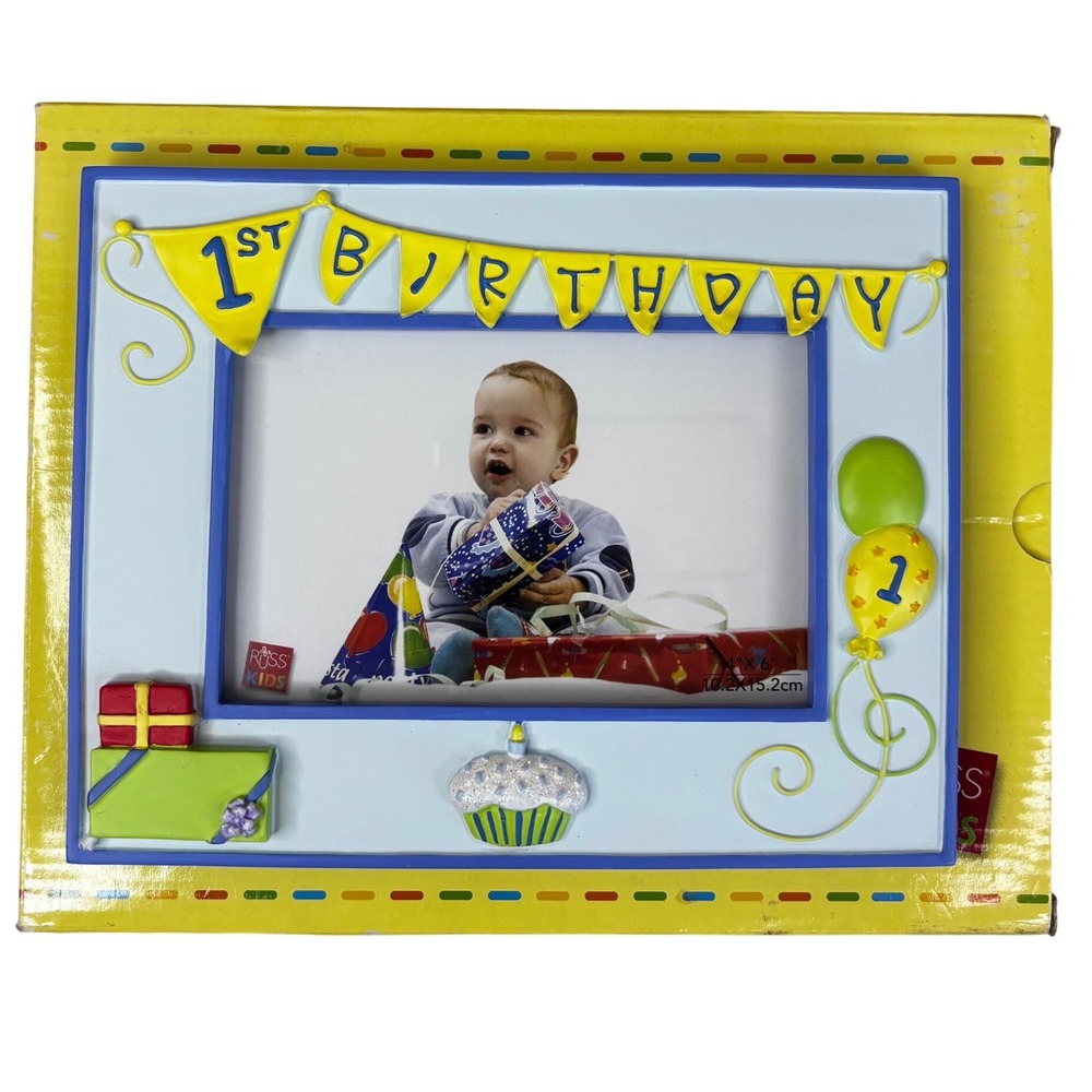 Russ Berrie Russ Kids 1st Birthday Photo Frame 4x6 Blue Ceramic NIB